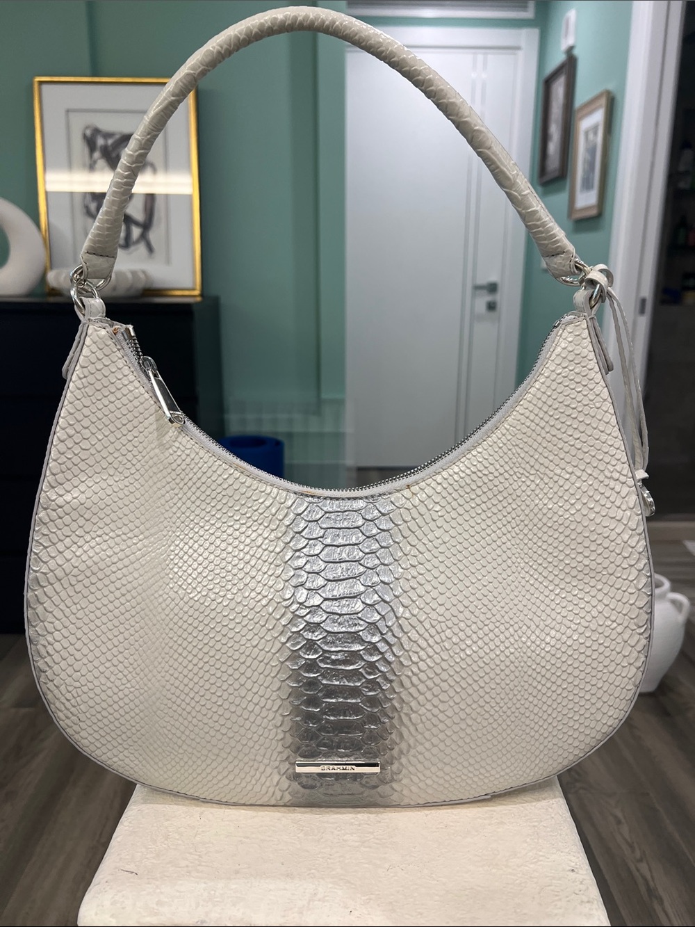 Brahmin Ivory Shoulder Bag with Silver Center Panel